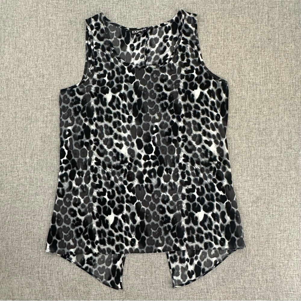 Express Snow Leopard Black Grey‎ Tank Top Split Back XS Sheer Blouse Scoop Neck